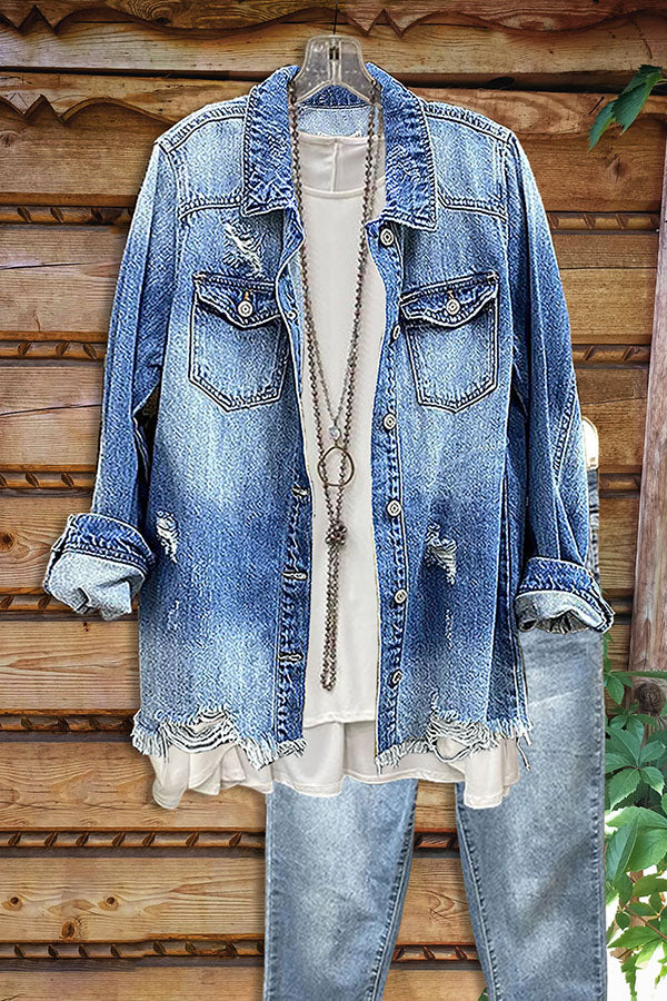 Ripped Holes Frayed Hem Denim Jacket