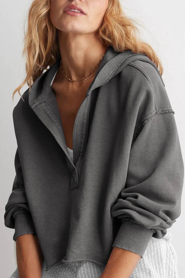 Vintage Washed Half Zip Cropped Hoodie Raw Hem Drop Shoulder Loose Casual Sweatshirt