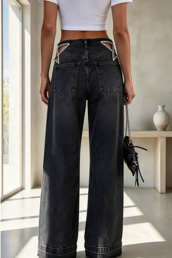 Denim Side Waist Rhinestone Embellished Star Cutout Pocket Straight Leg Jeans