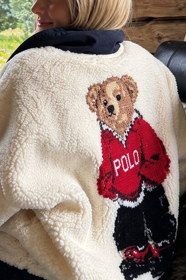 Cute Bear Print Colorblock High-Pile Fleece Zipper High Neck Long Sleeve Pocket Sweatshirts