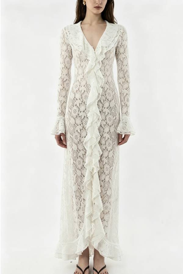 Vivianna Floral Lace Ruffles Trim Long Bell Sleeve Lapel Maxi Dress