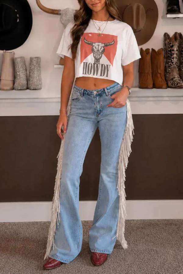 Western Cowgirl Denim High Rise Side Tassels Trim Pocket Flare Jeans