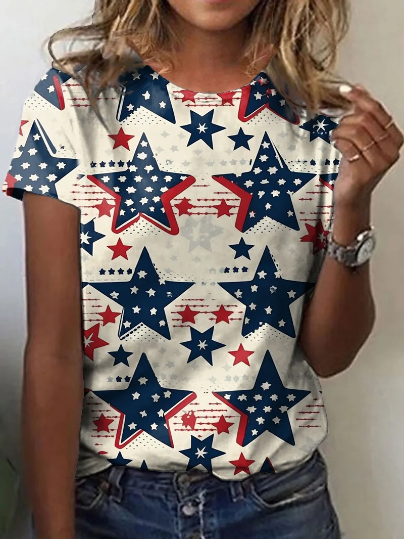 T-shirt ras du cou pour femme avec imprimé drapeau et étoiles pour la fête de l'indépendance