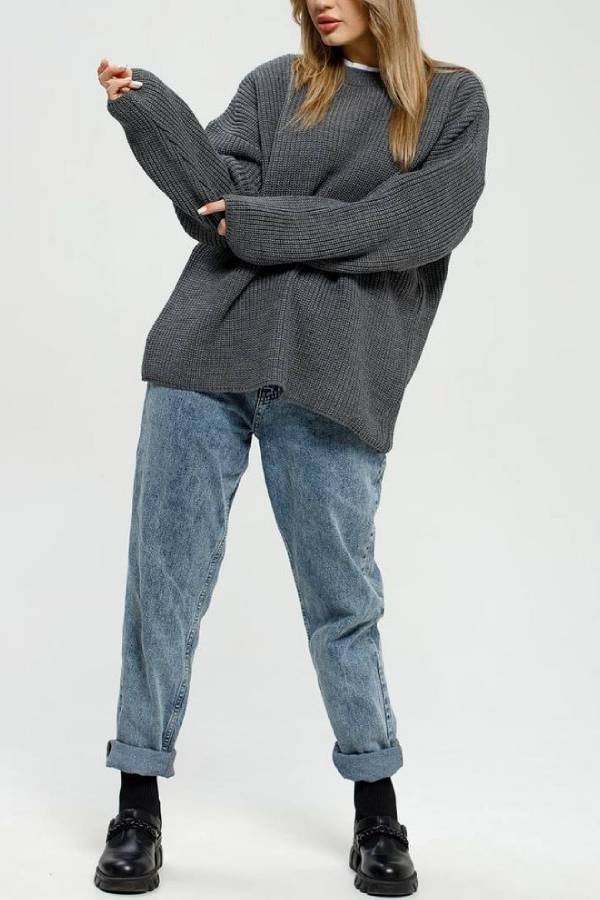 Oversized Drop Shoulder Crew Neck Chunky Knit Sweater