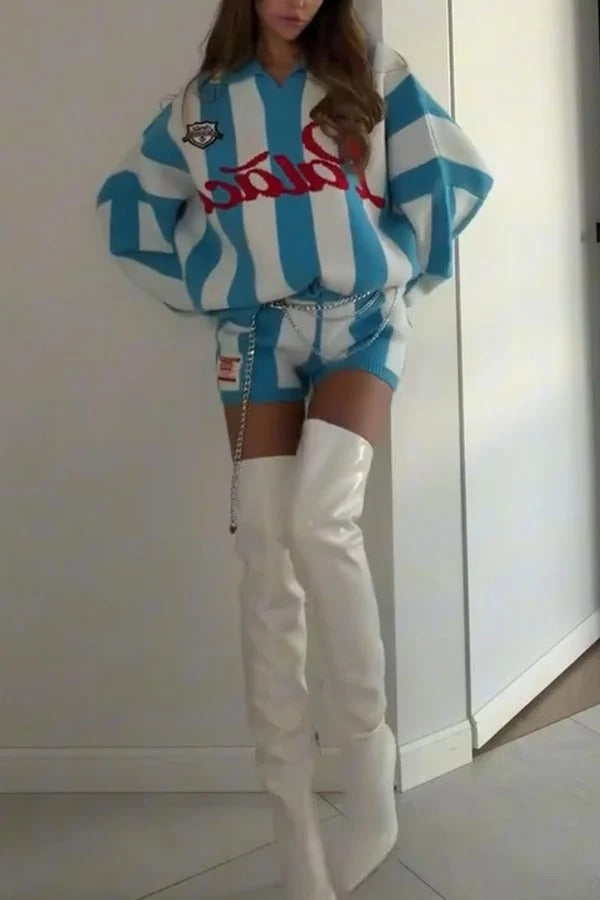 Stripe Letter Embroidered Knit Two‑Piece Set