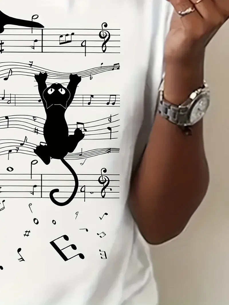 T-shirt femme à manches courtes avec imprimé chat et partition musicale