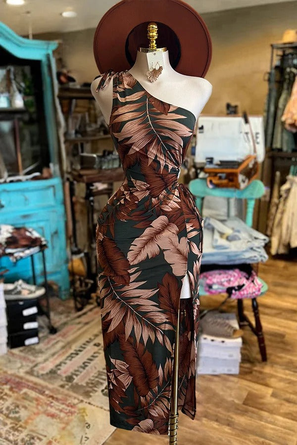 Retro Dark Leaf Pattern Cutout Dress