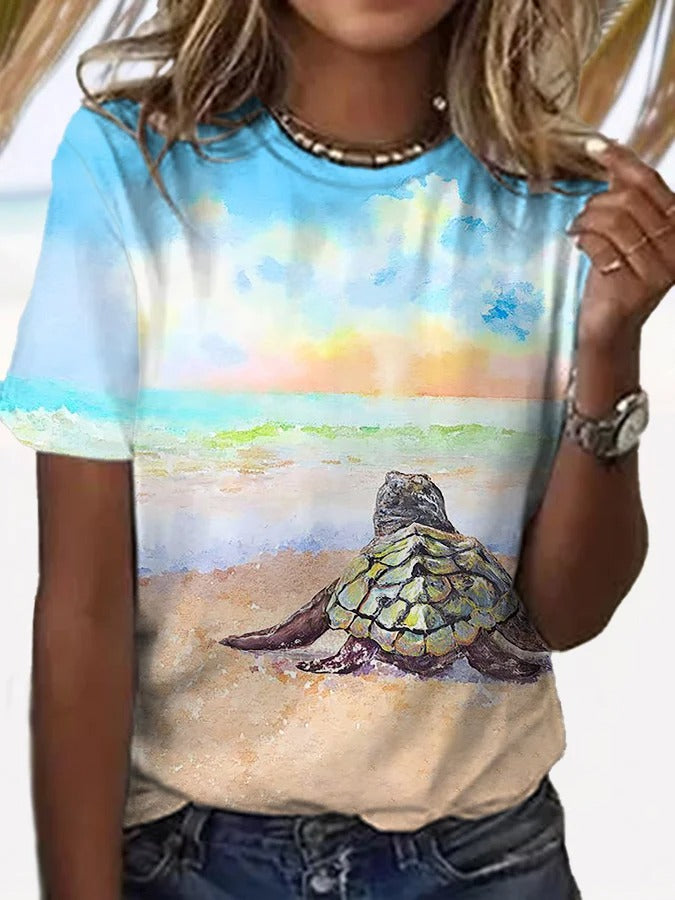 Women's Hawaiian Turtles Print Casual T-Shirt