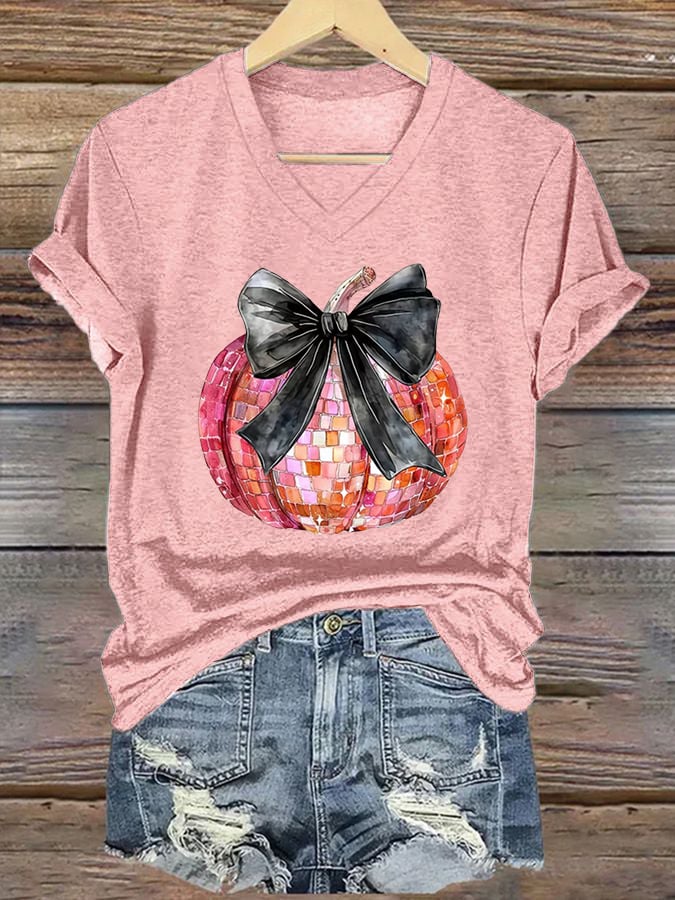 Women's Halloween Pink Sequined Pumpkin Print Casual T-Shirt