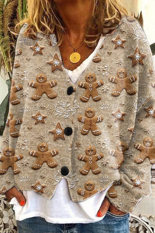 Christmas-themed V-neck single-breasted loose-fitting knit cardigan