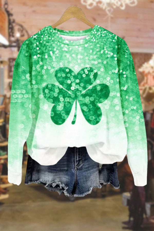 Sweat-shirt à manches longues et col rond avec trèfle à quatre feuilles porte-bonheur