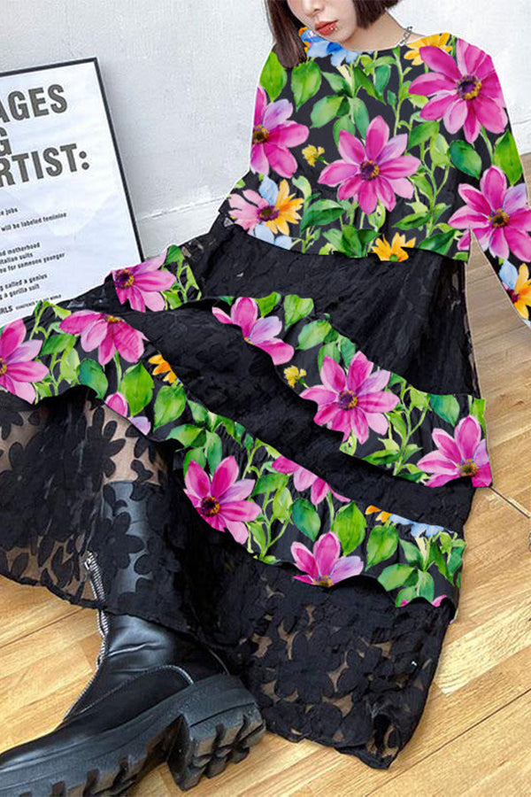 Robes d'automne bohèmes noires à volants en dentelle