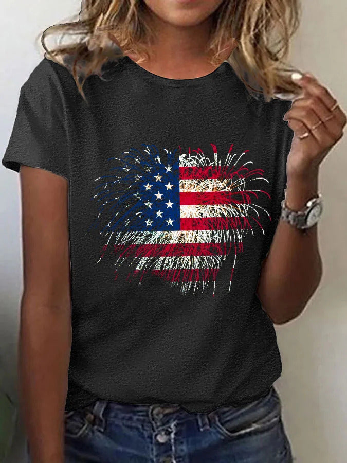 Women's Independence Day Love Fireworks Flag Print T-Shirt