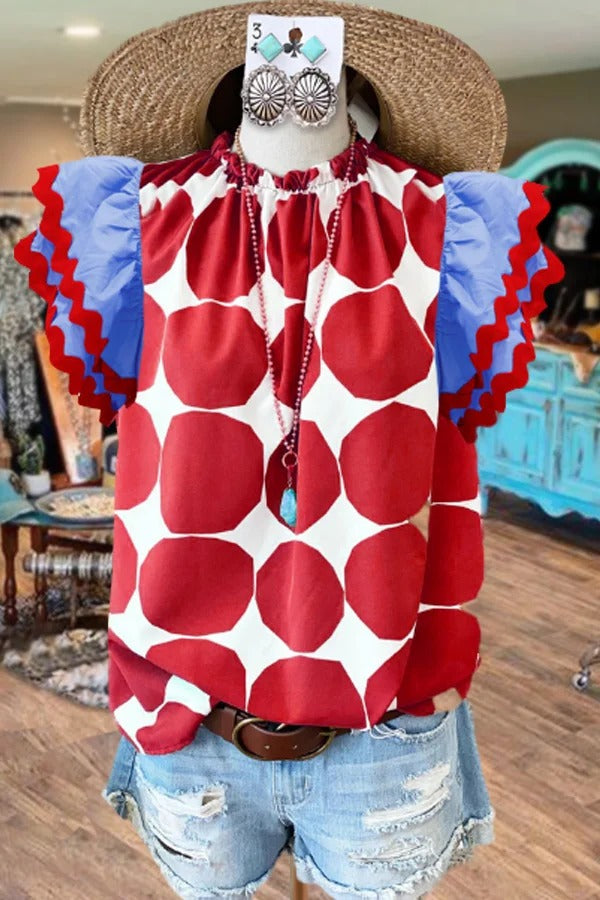 Contrast Polka Dot Print Ruffle Sleeve Top