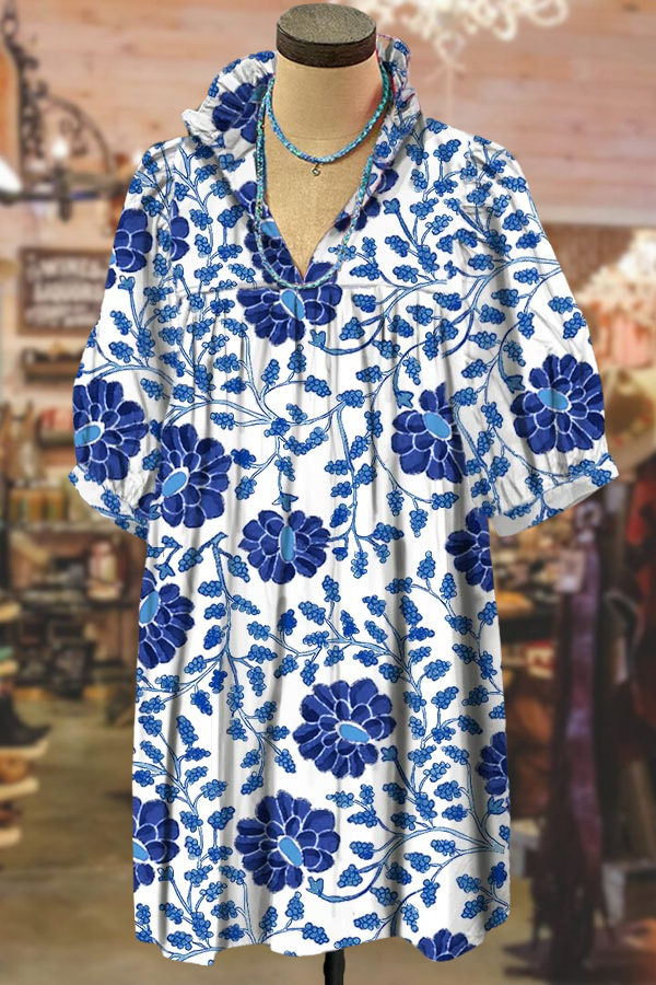 Puff Sleeve Floral Print V-neck Dress