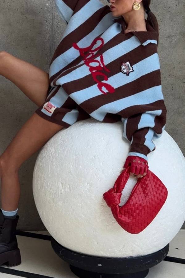 Vintage Striped Polo Collar Knit Sweater & Shorts Two‑Piece Set