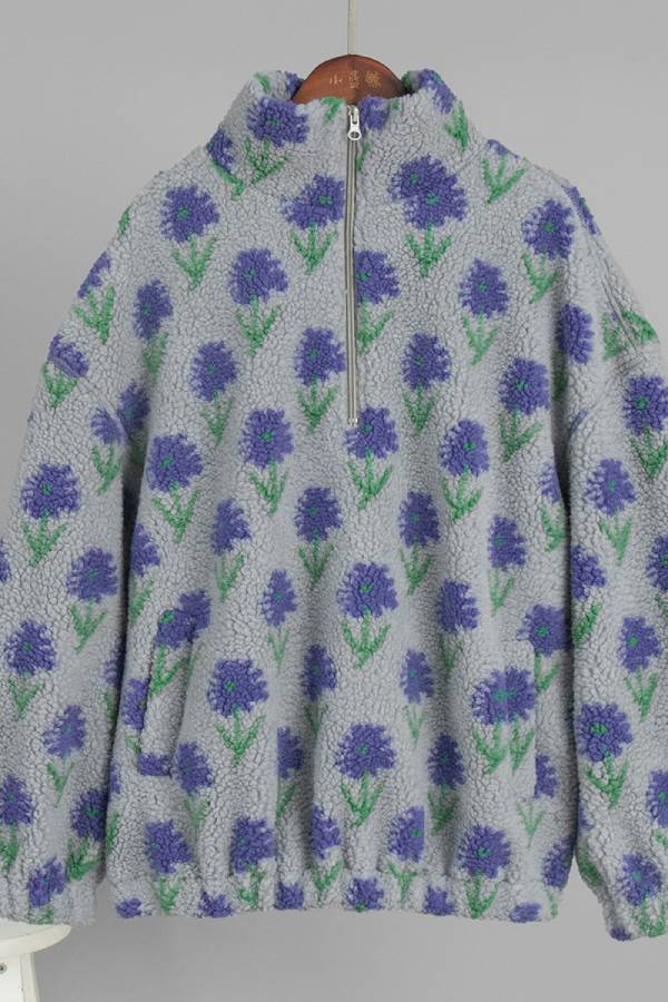 Women's Half Zip Stand Collar Floral Print Sherpa Fleece Jacket