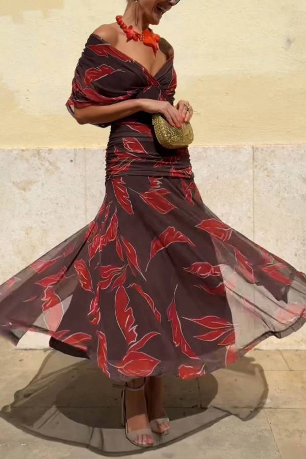 Elegant Off-Shoulder Ruched Leaf Print Maxi Dress