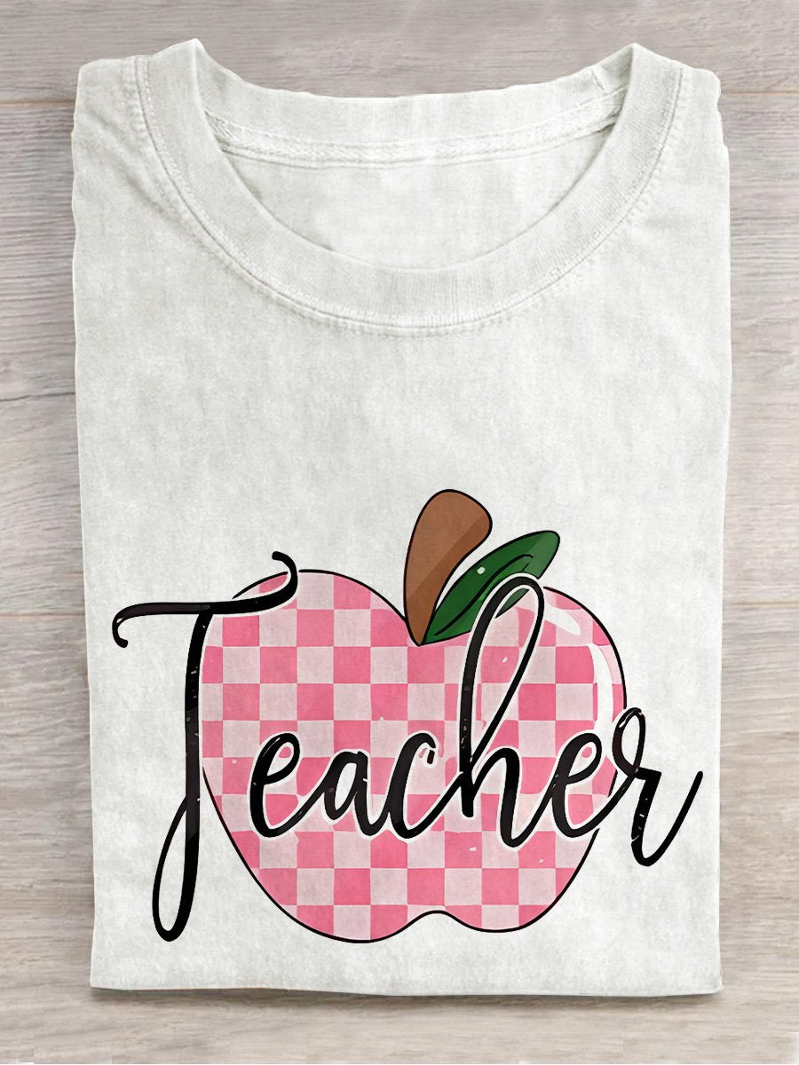 Plaid Teacher Apple Casual Print T-shirt