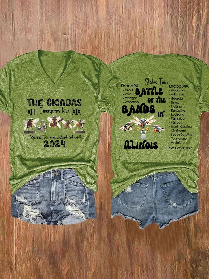 Women's The Cicadas Reunion Summer Tour Print V-Neck Casual T-Shirt