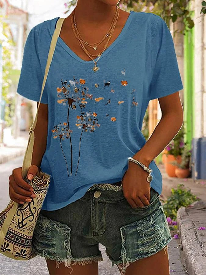 T-shirt col V imprimé chat fleur mouche pissenlit pour femme