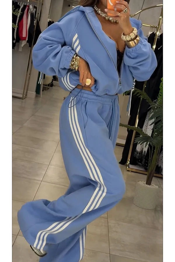Fashionable Sporty Color-blocked Stripes Zip-up Hooded Sweatshirt and Elastic Waist Pocket Pants Set