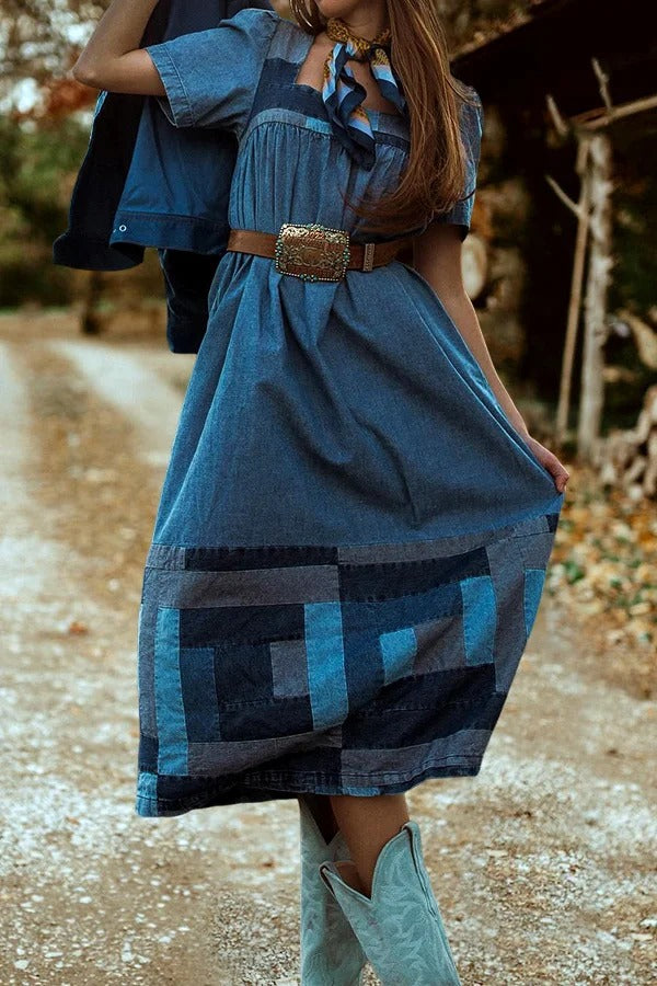 Retro Western Print Short Sleeve Dress