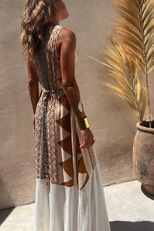 Vintage Geometric Spliced Sleeveless Vacation Maxi Dress