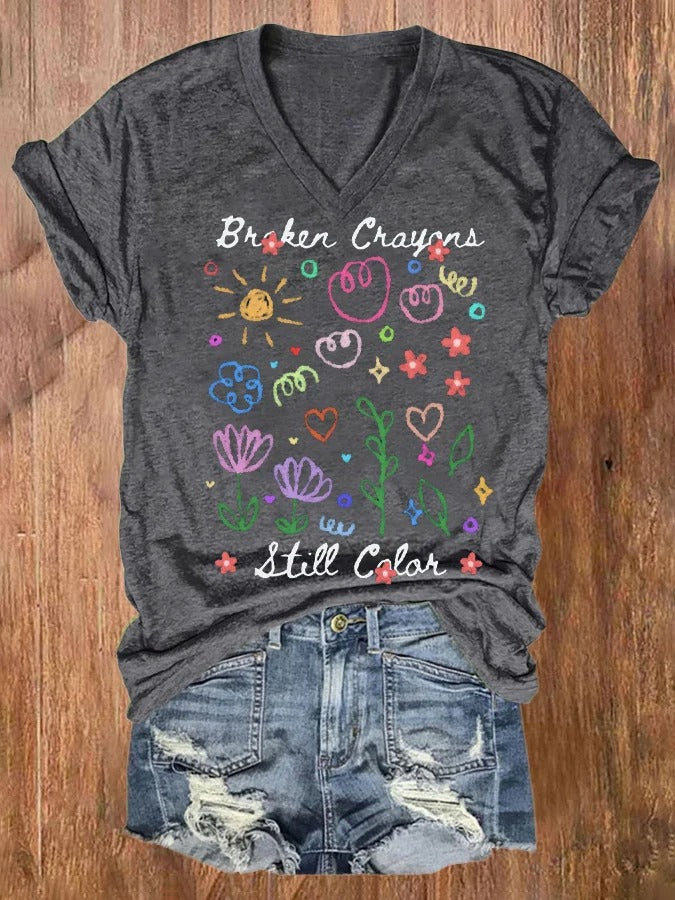 Women's Broken Crayons Still Color Mental Health Print V-Neck Short Sleeve T-Shirt