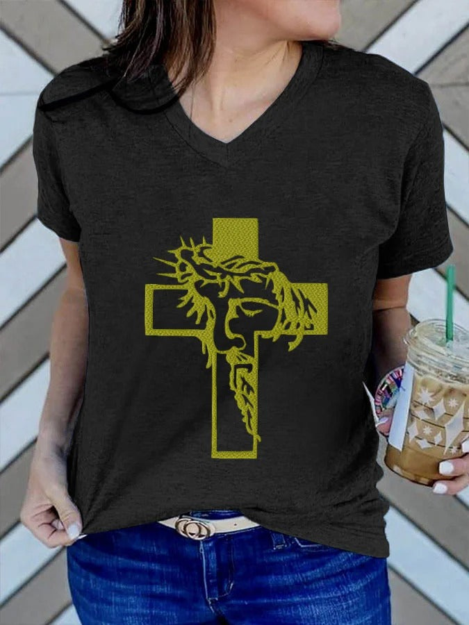 Women's Jesus Cross Print V Neck T-Shirt