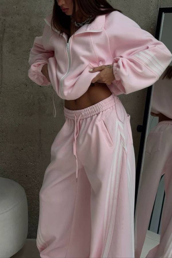 Side Stripe Cropped Zip Sweatshirt Wide Leg Pants Two Piece Set
