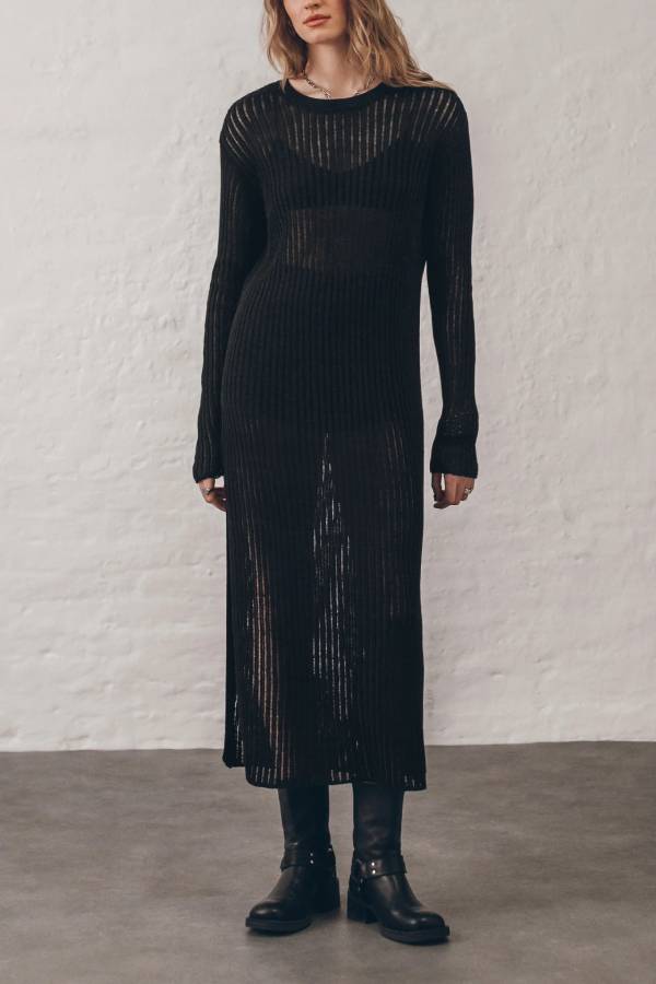 Change Season Sheer Knit Long Sleeve Ribbed Trim Slit Midi Dress
