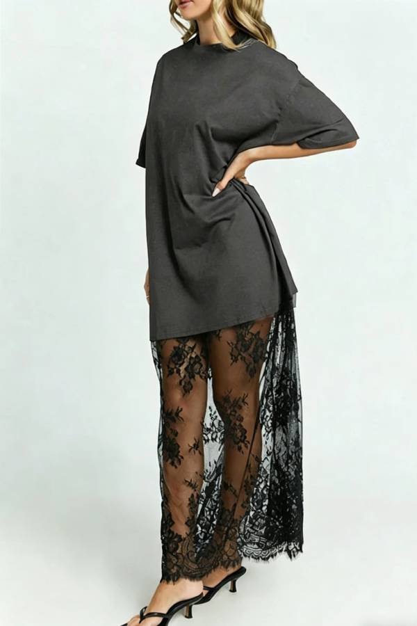 Stylish Loose-fitting Round Neck Short-sleeved Spliced lace Hem Maxi Dress