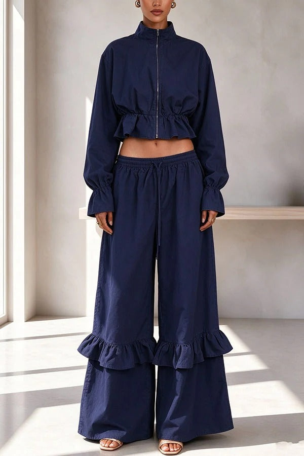 Sporty-style Zipper Flare Hem Jacket and Elastic Waist Ruffle Trim Loose Pants Set