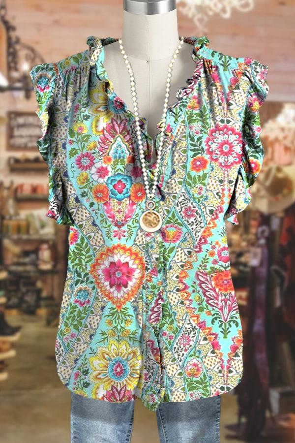 Casual V-neck Ruffle Floral Print Top