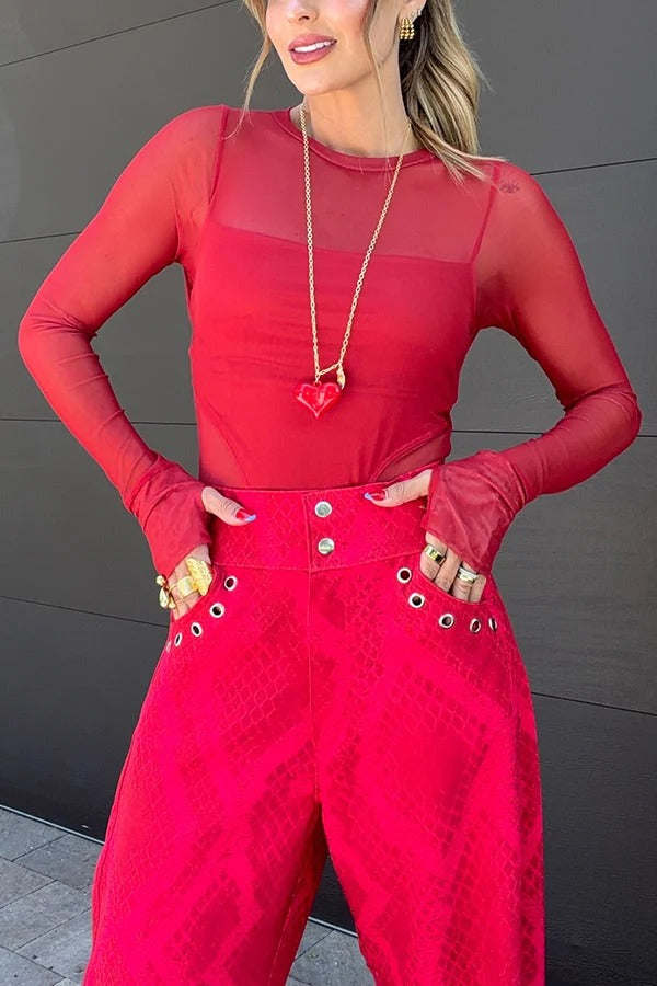 Free Moment Mesh Crew Neck Long Sleeve Stretch Bodysuit