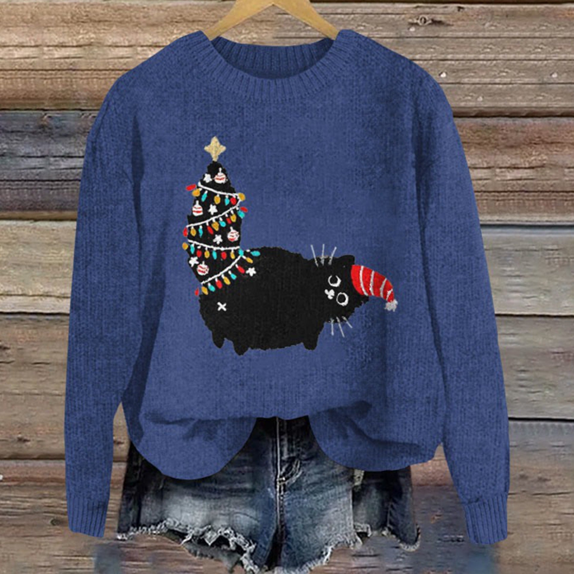 Round neck heat-printed long-sleeved sweater