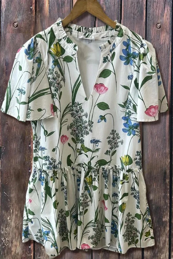 Minikleid mit V-Ausschnitt und Gartenblumendruck