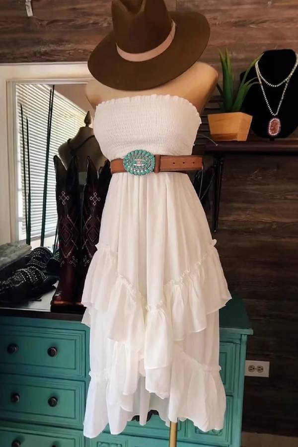 Strapless Ruffled Asymmetrical Midi Dress