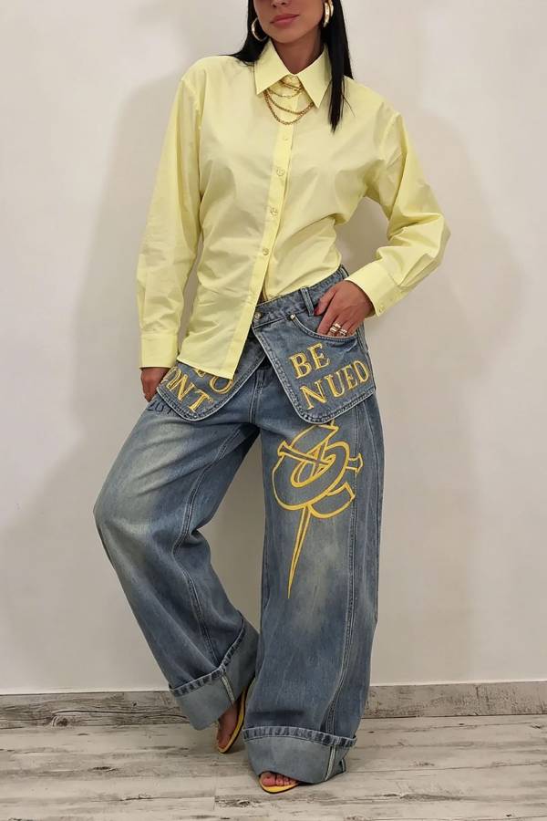 Trendy Letter‑Embroidered Fake Waistband Wide‑Leg Jeans