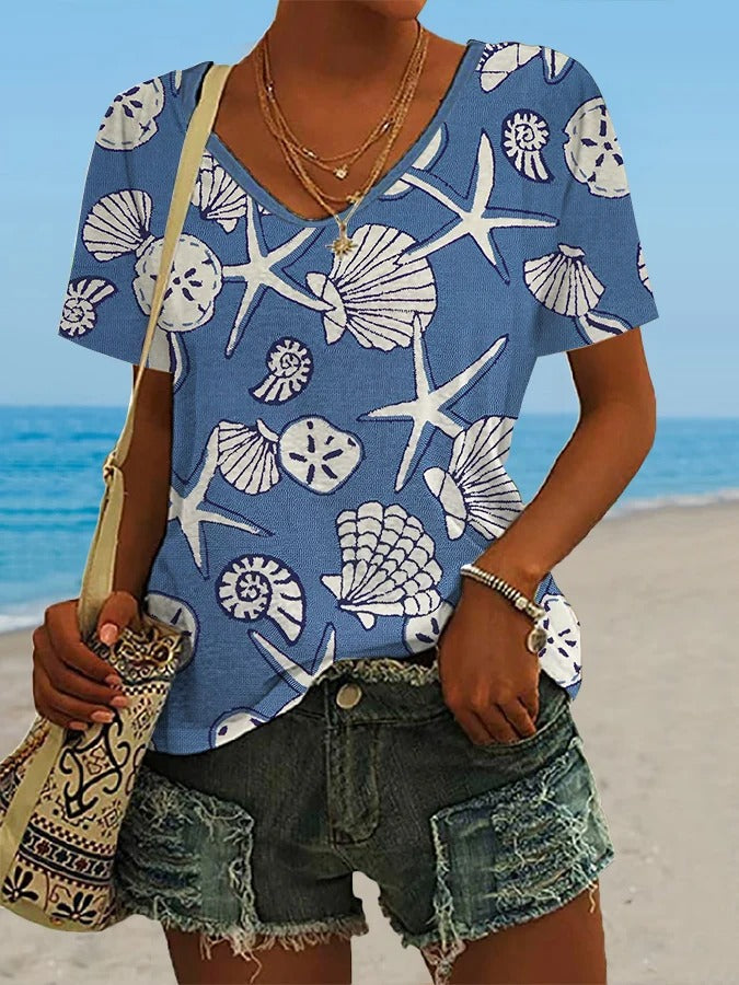 Women's Hawaiian Turtle Print Casual V-Neck T-Shirt