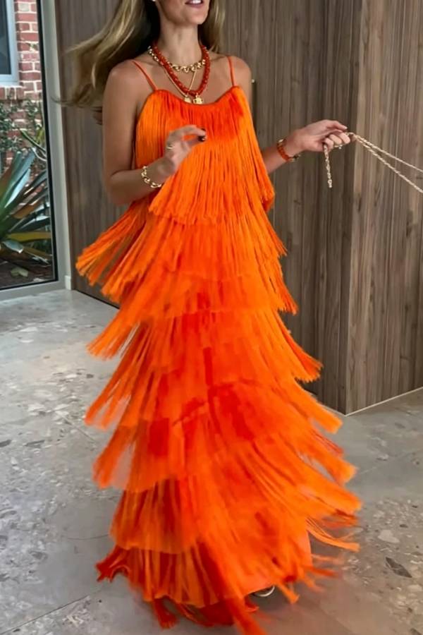 Dynamic Beauty Layered Tassel Design Back Tie-up Maxi Dress