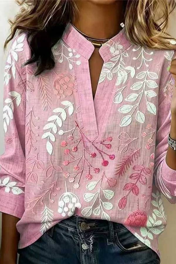 Floral Print Stand Collar Long Sleeve Blouse