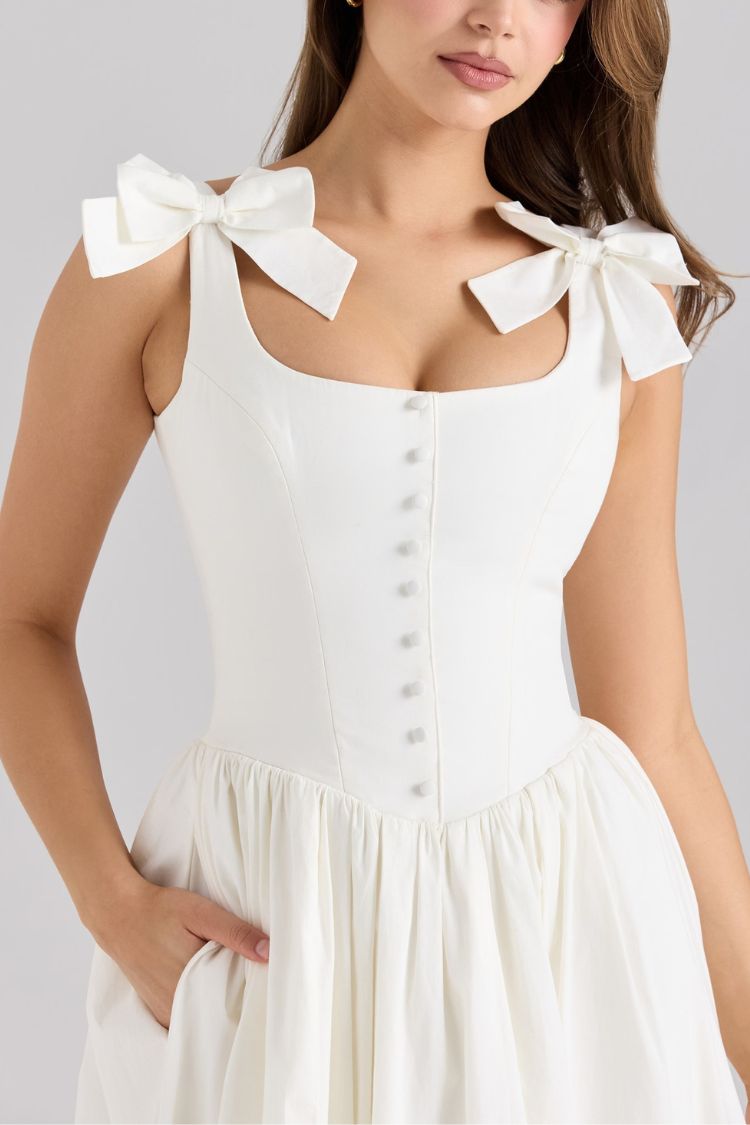 Real Darling Square Neck Cute Bows Straps Button Up Pocketed Midi Dress