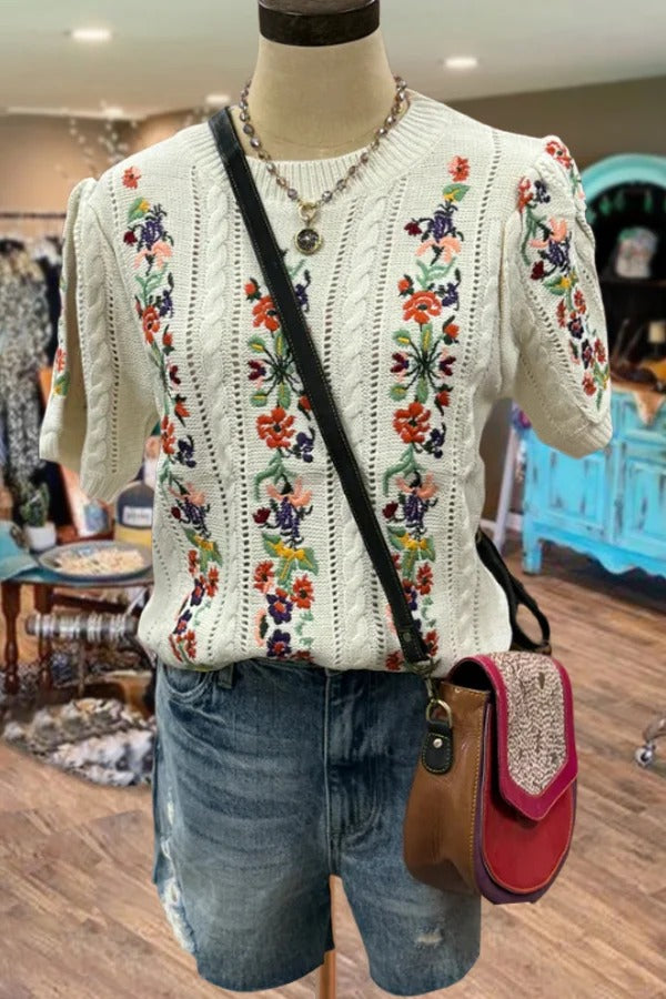 Floral Embroidered Puff Sleeve Knit Top