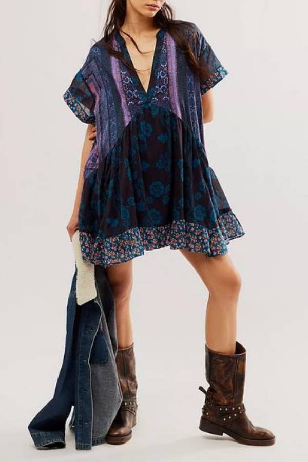 Multi-Print V-Neck Ruffle Loose Bohemian Mini Dress