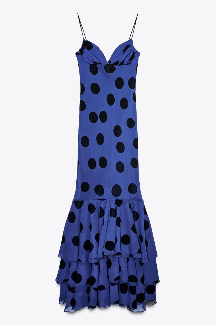 Eliora Mesh Polka Dot Print Gathered Bust Layered Fishtail Hem Maxi Dress
