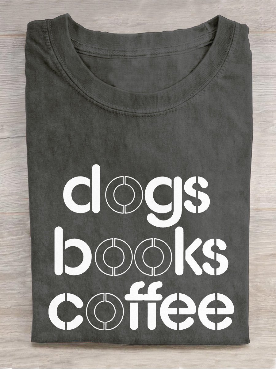 Dog Book and Coffee Casual Print T-shirt