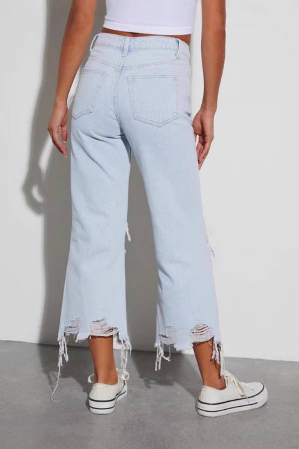 High Waist Ripped Frayed Hem Cropped Wide Leg Jeans