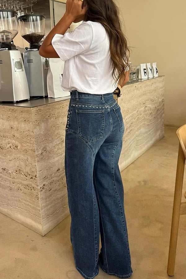 Trendy and Unique Denim Beaded High Rise Pocket Straight Leg Jeans